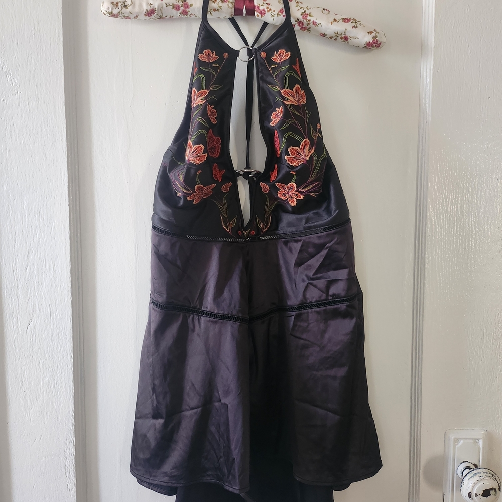 Nwot Thistle And Spire Persephone Teddy Black Satin Halter Romper Lingerie View 3